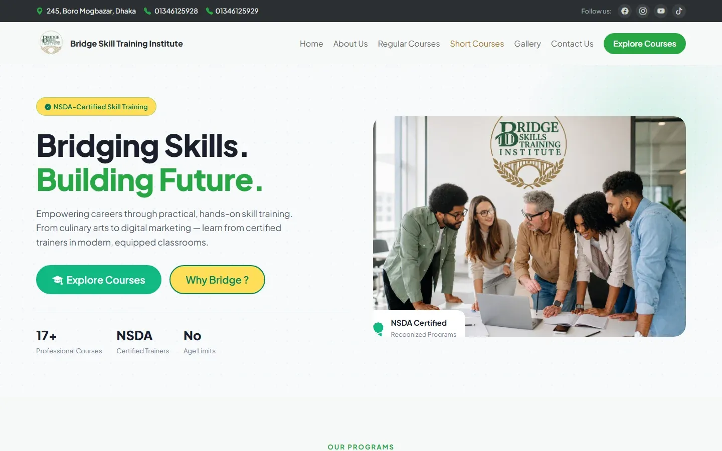 Preview of the Bridge Skills Institute homepage